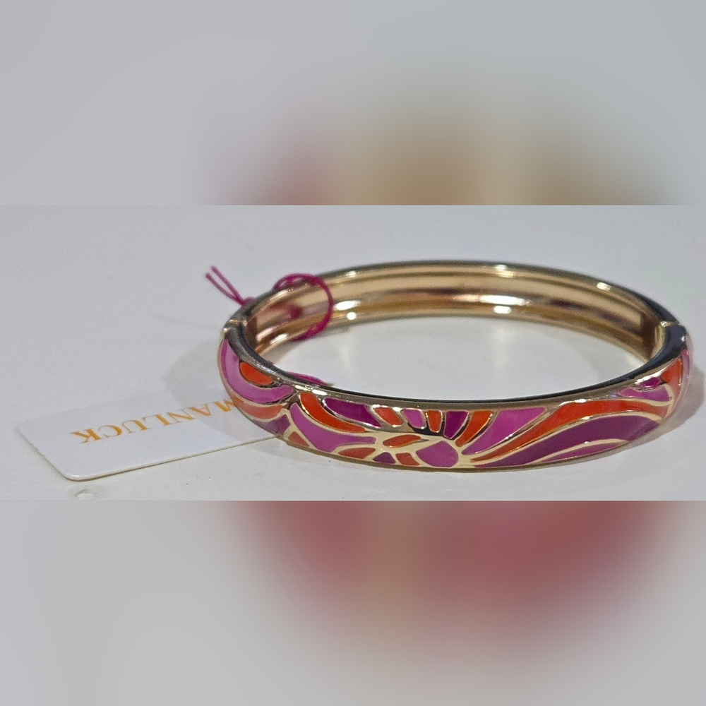 Nordstrom Manluck Enamel Hinged Bracelet Abstract Starburst Pink + Orange NWT‎